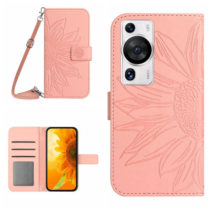 Skin Feel Sun Flower เคสโทรศัพท์หนังพลิกลายนูนพร้อมเชือกเส้นเล็ก, For Huawei P60 Pro