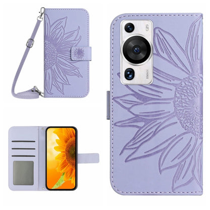 Skin Feel Sun Flower เคสโทรศัพท์หนังพลิกลายนูนพร้อมเชือกเส้นเล็ก, For Huawei P60 Pro