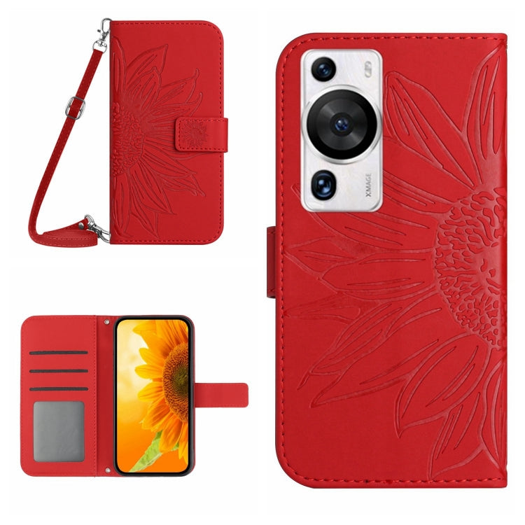 Skin Feel Sun Flower เคสโทรศัพท์หนังพลิกลายนูนพร้อมเชือกเส้นเล็ก, For Huawei P60 Pro