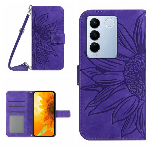 Skin Feel Sun Flower เคสโทรศัพท์หนังพลิกลายนูนพร้อมเชือกเส้นเล็ก, For vivo V27E 4G Global, For vivo Y02A 4G / Y02 4G / Y11 2023, For vivo Y55S 5G 2023 / Y55 5G / T1 5G, For vivo Y75 5G Global