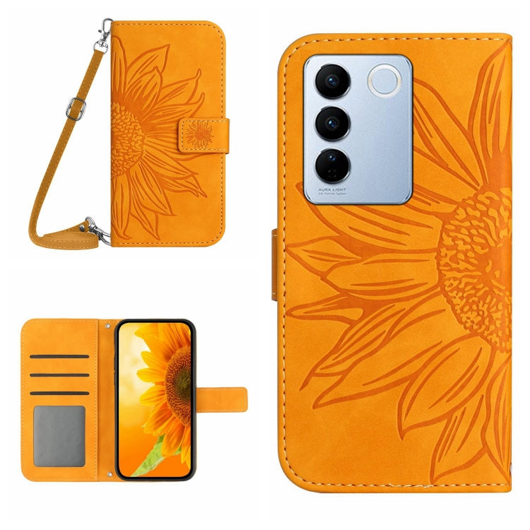 Skin Feel Sun Flower เคสโทรศัพท์หนังพลิกลายนูนพร้อมเชือกเส้นเล็ก, For vivo V27E 4G Global, For vivo Y02A 4G / Y02 4G / Y11 2023, For vivo Y55S 5G 2023 / Y55 5G / T1 5G, For vivo Y75 5G Global
