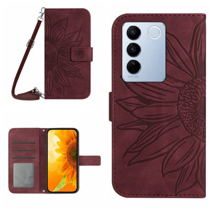 Skin Feel Sun Flower เคสโทรศัพท์หนังพลิกลายนูนพร้อมเชือกเส้นเล็ก, For vivo V27E 4G Global, For vivo Y02A 4G / Y02 4G / Y11 2023, For vivo Y55S 5G 2023 / Y55 5G / T1 5G, For vivo Y75 5G Global