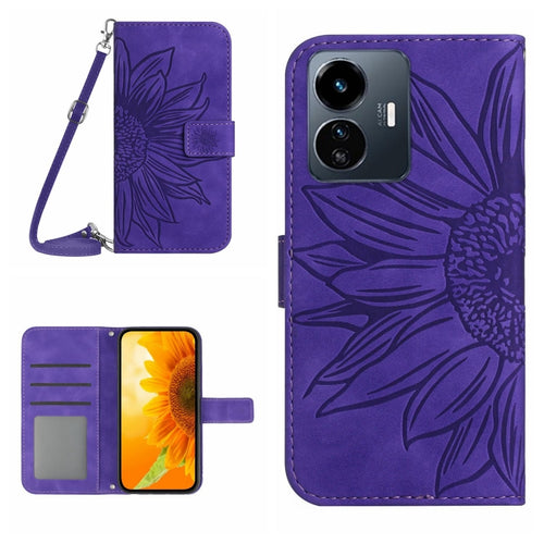 Skin Feel Sun Flower เคสโทรศัพท์หนังพลิกลายนูนพร้อมเชือกเส้นเล็ก, For vivo Y22 4G Global / Y35 4G Global
