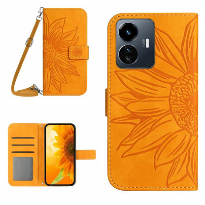 Skin Feel Sun Flower เคสโทรศัพท์หนังพลิกลายนูนพร้อมเชือกเส้นเล็ก, For vivo Y22 4G Global / Y35 4G Global