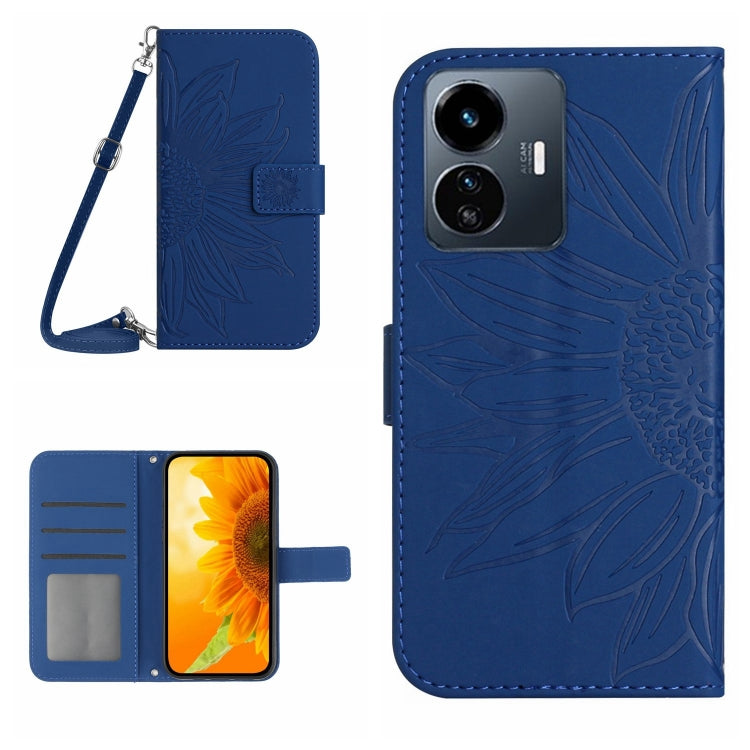 Skin Feel Sun Flower เคสโทรศัพท์หนังพลิกลายนูนพร้อมเชือกเส้นเล็ก, For vivo Y22 4G Global / Y35 4G Global