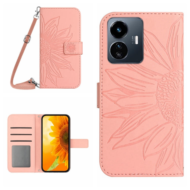 Skin Feel Sun Flower เคสโทรศัพท์หนังพลิกลายนูนพร้อมเชือกเส้นเล็ก, For vivo Y22 4G Global / Y35 4G Global