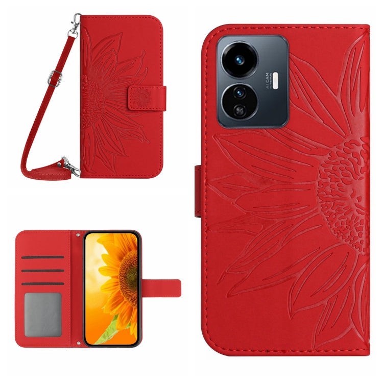 Skin Feel Sun Flower เคสโทรศัพท์หนังพลิกลายนูนพร้อมเชือกเส้นเล็ก, For vivo Y22 4G Global / Y35 4G Global