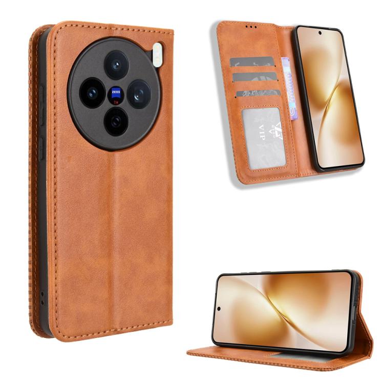 ซองใส่โทรศัพท์หนังพื้นผิวย้อนยุคหัวเข็มขัดแม่เหล็ก, For vivo X300, For vivo V60 Lite 4G / 5G, For vivo Y31 5G 2025, For vivo Y400 4G / 5G / iQOO Z10 Lite 4G, For vivo V60 5G, For vivo X200 FE / S30 Pro mini, For vivo X200s 5G                           ...