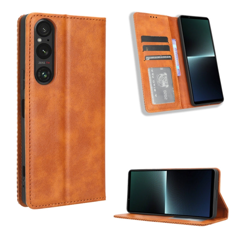 ซองใส่โทรศัพท์หนังพื้นผิวย้อนยุคหัวเข็มขัดแม่เหล็ก, For Sony Xperia 10 VII, For Sony Xperia 1 VII, For Sony Xperia 10 VI 2024, For Sony Xperia 1 VI 2024, For Sony Xperia 5 V 2023, For Sony Xperia 1 V, For Sony Xperia 10 V