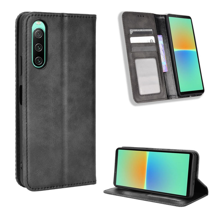 ซองใส่โทรศัพท์หนังพื้นผิวย้อนยุคหัวเข็มขัดแม่เหล็ก, For Sony Xperia 10 VII, For Sony Xperia 1 VII, For Sony Xperia 10 VI 2024, For Sony Xperia 1 VI 2024, For Sony Xperia 5 V 2023, For Sony Xperia 1 V, For Sony Xperia 10 V