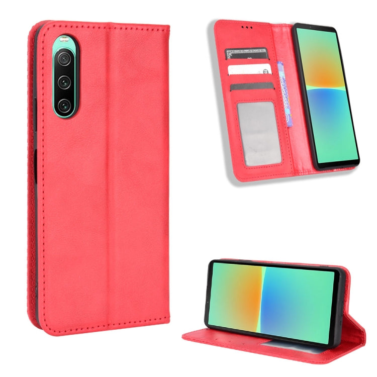 ซองใส่โทรศัพท์หนังพื้นผิวย้อนยุคหัวเข็มขัดแม่เหล็ก, For Sony Xperia 10 VII, For Sony Xperia 1 VII, For Sony Xperia 10 VI 2024, For Sony Xperia 1 VI 2024, For Sony Xperia 5 V 2023, For Sony Xperia 1 V, For Sony Xperia 10 V