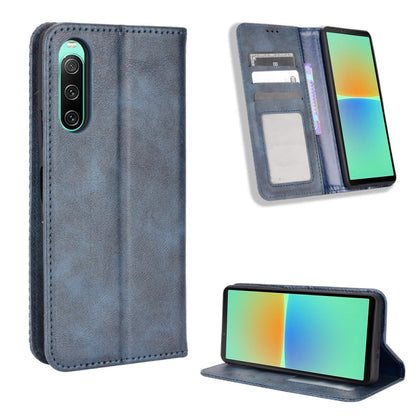 ซองใส่โทรศัพท์หนังพื้นผิวย้อนยุคหัวเข็มขัดแม่เหล็ก, For Sony Xperia 10 VII, For Sony Xperia 1 VII, For Sony Xperia 10 VI 2024, For Sony Xperia 1 VI 2024, For Sony Xperia 5 V 2023, For Sony Xperia 1 V, For Sony Xperia 10 V