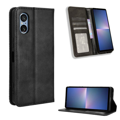 ซองใส่โทรศัพท์หนังพื้นผิวย้อนยุคหัวเข็มขัดแม่เหล็ก, For Sony Xperia 10 VII, For Sony Xperia 1 VII, For Sony Xperia 10 VI 2024, For Sony Xperia 1 VI 2024, For Sony Xperia 5 V 2023, For Sony Xperia 1 V, For Sony Xperia 10 V