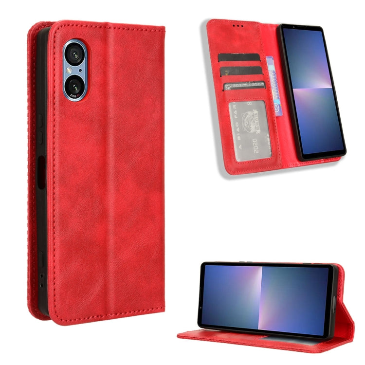 ซองใส่โทรศัพท์หนังพื้นผิวย้อนยุคหัวเข็มขัดแม่เหล็ก, For Sony Xperia 10 VII, For Sony Xperia 1 VII, For Sony Xperia 10 VI 2024, For Sony Xperia 1 VI 2024, For Sony Xperia 5 V 2023, For Sony Xperia 1 V, For Sony Xperia 10 V