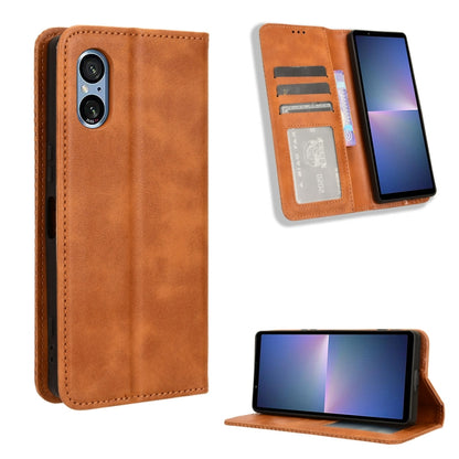 ซองใส่โทรศัพท์หนังพื้นผิวย้อนยุคหัวเข็มขัดแม่เหล็ก, For Sony Xperia 10 VII, For Sony Xperia 1 VII, For Sony Xperia 10 VI 2024, For Sony Xperia 1 VI 2024, For Sony Xperia 5 V 2023, For Sony Xperia 1 V, For Sony Xperia 10 V