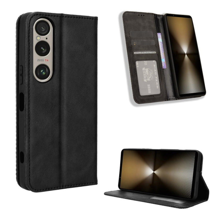 ซองใส่โทรศัพท์หนังพื้นผิวย้อนยุคหัวเข็มขัดแม่เหล็ก, For Sony Xperia 10 VII, For Sony Xperia 1 VII, For Sony Xperia 10 VI 2024, For Sony Xperia 1 VI 2024, For Sony Xperia 5 V 2023, For Sony Xperia 1 V, For Sony Xperia 10 V