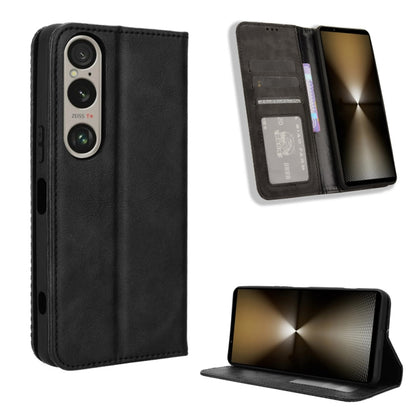 ซองใส่โทรศัพท์หนังพื้นผิวย้อนยุคหัวเข็มขัดแม่เหล็ก, For Sony Xperia 10 VII, For Sony Xperia 1 VII, For Sony Xperia 10 VI 2024, For Sony Xperia 1 VI 2024, For Sony Xperia 5 V 2023, For Sony Xperia 1 V, For Sony Xperia 10 V