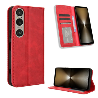 ซองใส่โทรศัพท์หนังพื้นผิวย้อนยุคหัวเข็มขัดแม่เหล็ก, For Sony Xperia 10 VII, For Sony Xperia 1 VII, For Sony Xperia 10 VI 2024, For Sony Xperia 1 VI 2024, For Sony Xperia 5 V 2023, For Sony Xperia 1 V, For Sony Xperia 10 V