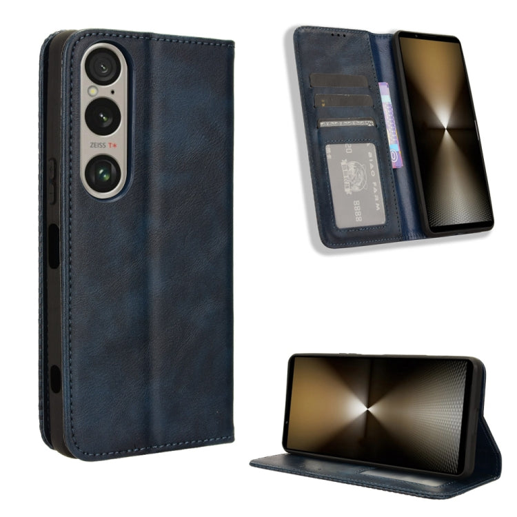 ซองใส่โทรศัพท์หนังพื้นผิวย้อนยุคหัวเข็มขัดแม่เหล็ก, For Sony Xperia 10 VII, For Sony Xperia 1 VII, For Sony Xperia 10 VI 2024, For Sony Xperia 1 VI 2024, For Sony Xperia 5 V 2023, For Sony Xperia 1 V, For Sony Xperia 10 V