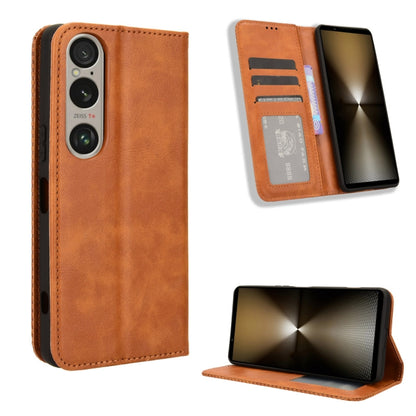 ซองใส่โทรศัพท์หนังพื้นผิวย้อนยุคหัวเข็มขัดแม่เหล็ก, For Sony Xperia 10 VII, For Sony Xperia 1 VII, For Sony Xperia 10 VI 2024, For Sony Xperia 1 VI 2024, For Sony Xperia 5 V 2023, For Sony Xperia 1 V, For Sony Xperia 10 V