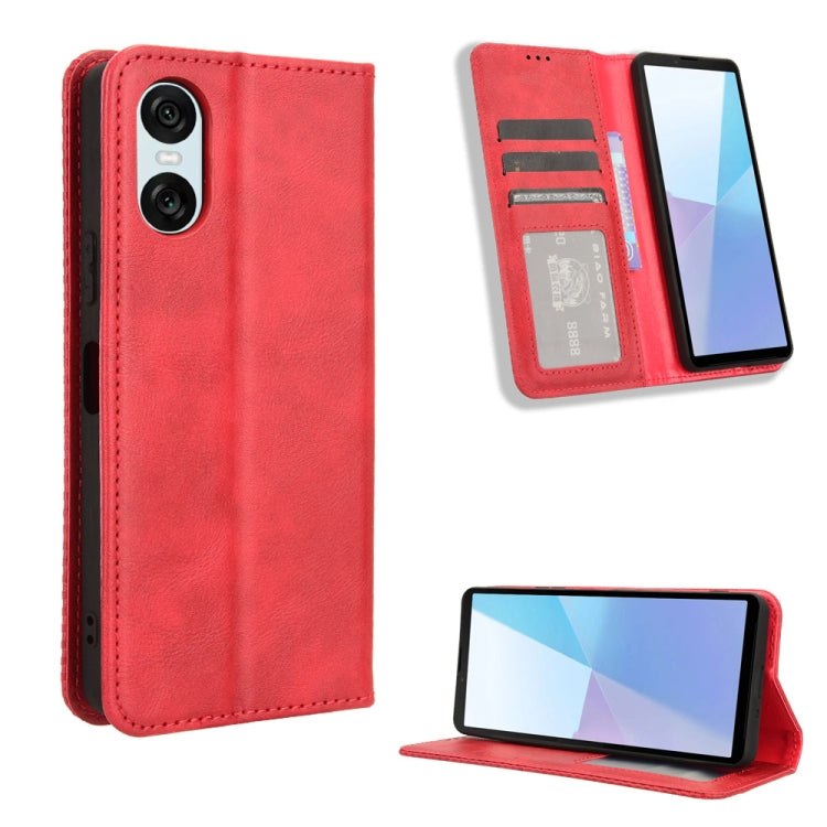 ซองใส่โทรศัพท์หนังพื้นผิวย้อนยุคหัวเข็มขัดแม่เหล็ก, For Sony Xperia 10 VII, For Sony Xperia 1 VII, For Sony Xperia 10 VI 2024, For Sony Xperia 1 VI 2024, For Sony Xperia 5 V 2023, For Sony Xperia 1 V, For Sony Xperia 10 V