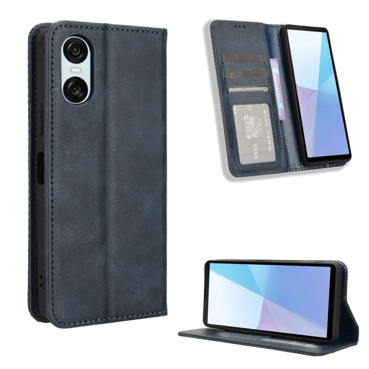 ซองใส่โทรศัพท์หนังพื้นผิวย้อนยุคหัวเข็มขัดแม่เหล็ก, For Sony Xperia 10 VII, For Sony Xperia 1 VII, For Sony Xperia 10 VI 2024, For Sony Xperia 1 VI 2024, For Sony Xperia 5 V 2023, For Sony Xperia 1 V, For Sony Xperia 10 V