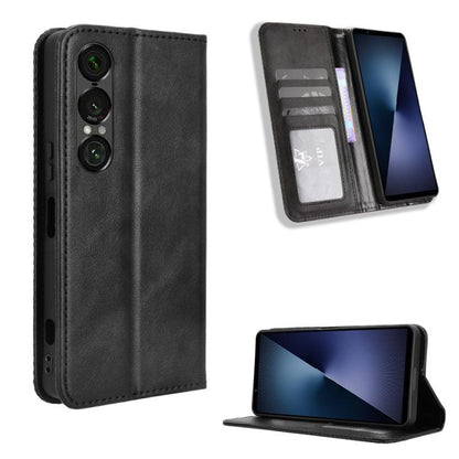 ซองใส่โทรศัพท์หนังพื้นผิวย้อนยุคหัวเข็มขัดแม่เหล็ก, For Sony Xperia 10 VII, For Sony Xperia 1 VII, For Sony Xperia 10 VI 2024, For Sony Xperia 1 VI 2024, For Sony Xperia 5 V 2023, For Sony Xperia 1 V, For Sony Xperia 10 V