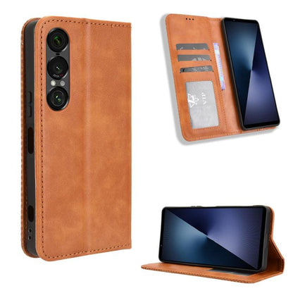 ซองใส่โทรศัพท์หนังพื้นผิวย้อนยุคหัวเข็มขัดแม่เหล็ก, For Sony Xperia 10 VII, For Sony Xperia 1 VII, For Sony Xperia 10 VI 2024, For Sony Xperia 1 VI 2024, For Sony Xperia 5 V 2023, For Sony Xperia 1 V, For Sony Xperia 10 V