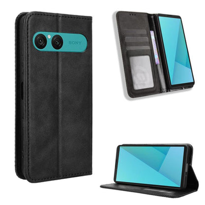 ซองใส่โทรศัพท์หนังพื้นผิวย้อนยุคหัวเข็มขัดแม่เหล็ก, For Sony Xperia 10 VII, For Sony Xperia 1 VII, For Sony Xperia 10 VI 2024, For Sony Xperia 1 VI 2024, For Sony Xperia 5 V 2023, For Sony Xperia 1 V, For Sony Xperia 10 V