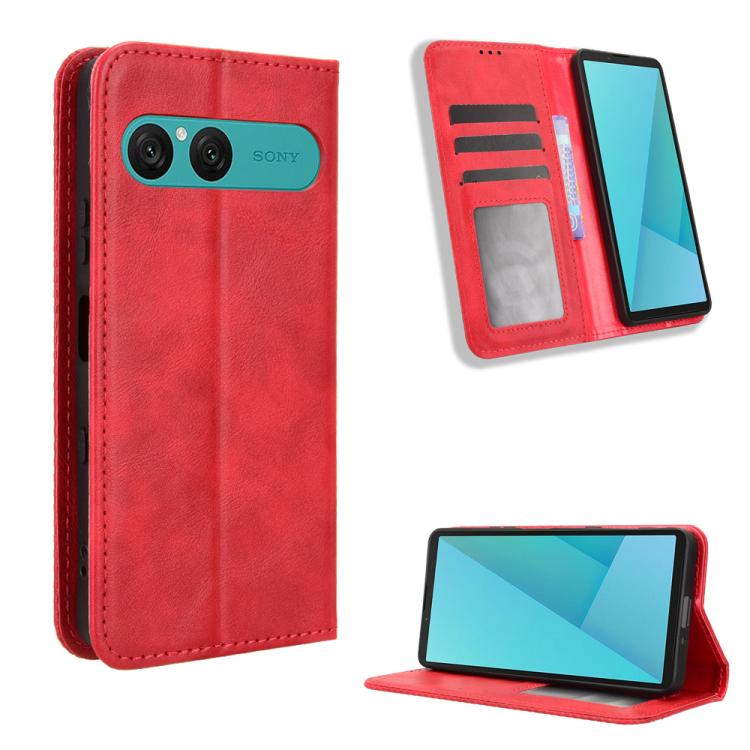 ซองใส่โทรศัพท์หนังพื้นผิวย้อนยุคหัวเข็มขัดแม่เหล็ก, For Sony Xperia 10 VII, For Sony Xperia 1 VII, For Sony Xperia 10 VI 2024, For Sony Xperia 1 VI 2024, For Sony Xperia 5 V 2023, For Sony Xperia 1 V, For Sony Xperia 10 V