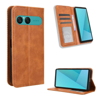 ซองใส่โทรศัพท์หนังพื้นผิวย้อนยุคหัวเข็มขัดแม่เหล็ก, For Sony Xperia 10 VII, For Sony Xperia 1 VII, For Sony Xperia 10 VI 2024, For Sony Xperia 1 VI 2024, For Sony Xperia 5 V 2023, For Sony Xperia 1 V, For Sony Xperia 10 V