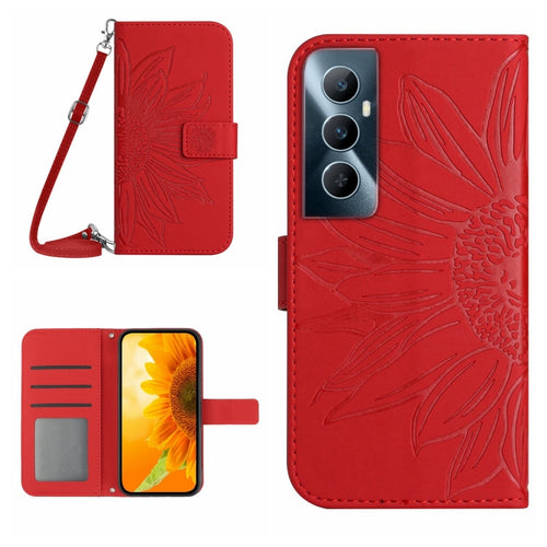 Skin Feel Sun Flower เคสโทรศัพท์หนังพลิกลายนูนพร้อมเชือกเส้นเล็ก, For Realme C65 4G