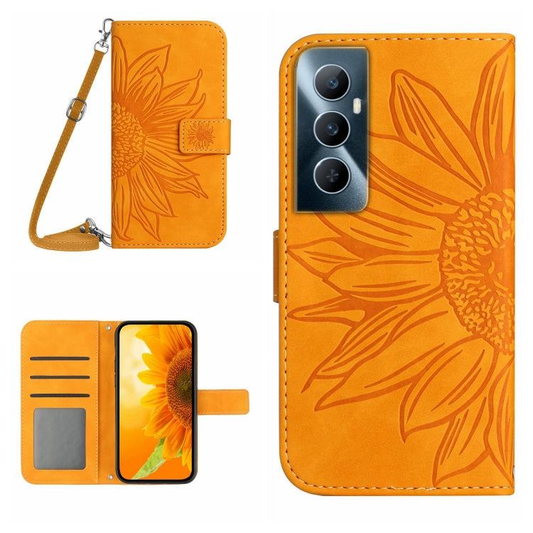Skin Feel Sun Flower เคสโทรศัพท์หนังพลิกลายนูนพร้อมเชือกเส้นเล็ก, For Realme C65 4G
