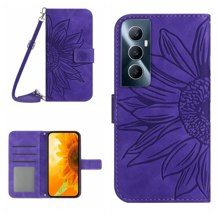 Skin Feel Sun Flower เคสโทรศัพท์หนังพลิกลายนูนพร้อมเชือกเส้นเล็ก, For Realme C65 4G