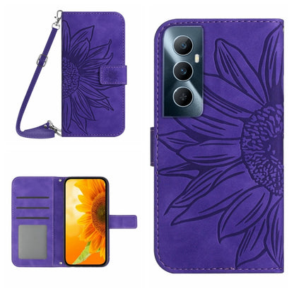 Skin Feel Sun Flower เคสโทรศัพท์หนังพลิกลายนูนพร้อมเชือกเส้นเล็ก, For Realme C65 4G