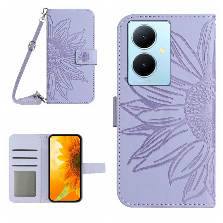 Skin Feel Sun Flower เคสโทรศัพท์หนังพลิกลายนูนพร้อมเชือกเส้นเล็ก, For vivo V50 5G Global, For vivo Y03 4G, For vivo Y200e / Y100 IDN / V30 Lite India 5G, For vivo Y78+