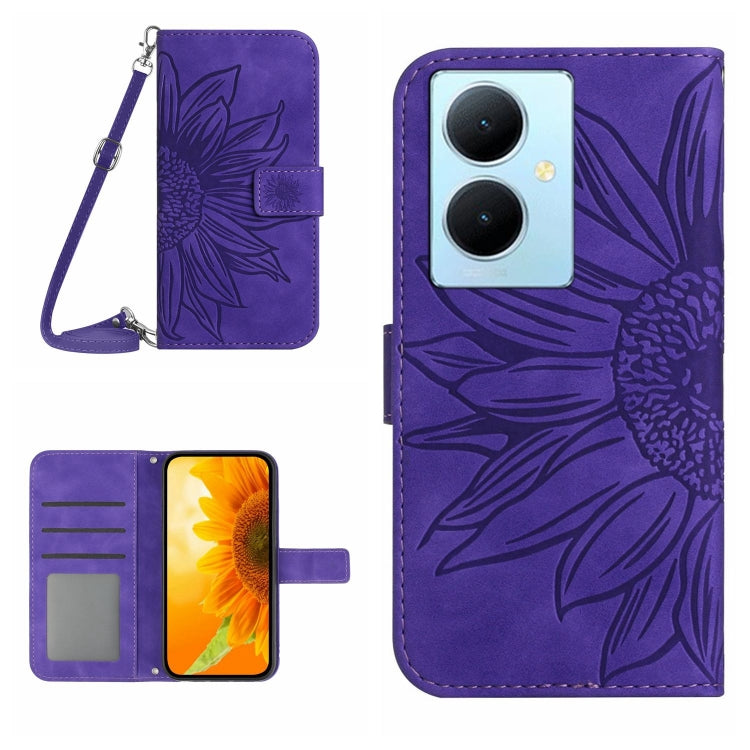 Skin Feel Sun Flower เคสโทรศัพท์หนังพลิกลายนูนพร้อมเชือกเส้นเล็ก, For vivo V50 5G Global, For vivo Y03 4G, For vivo Y200e / Y100 IDN / V30 Lite India 5G, For vivo Y78+