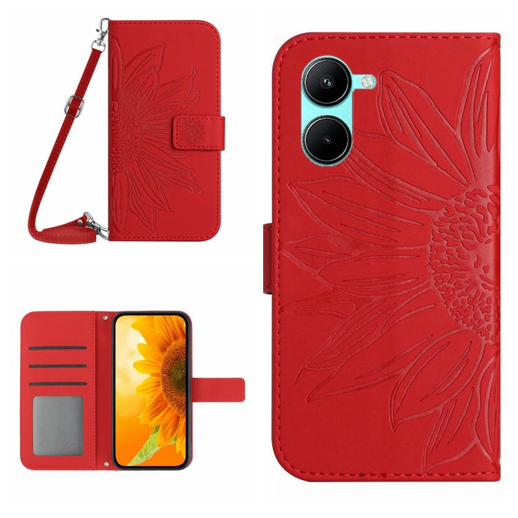 Skin Feel Sun Flower เคสโทรศัพท์หนังพลิกลายนูนพร้อมเชือกเส้นเล็ก, For vivo V50 5G Global, For vivo Y03 4G, For vivo Y200e / Y100 IDN / V30 Lite India 5G, For vivo Y78+