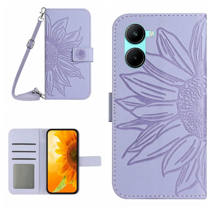 Skin Feel Sun Flower เคสโทรศัพท์หนังพลิกลายนูนพร้อมเชือกเส้นเล็ก, For vivo V50 5G Global, For vivo Y03 4G, For vivo Y200e / Y100 IDN / V30 Lite India 5G, For vivo Y78+
