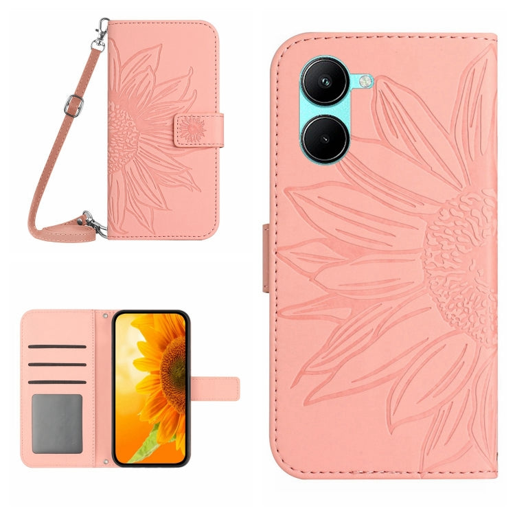 Skin Feel Sun Flower เคสโทรศัพท์หนังพลิกลายนูนพร้อมเชือกเส้นเล็ก, For vivo V50 5G Global, For vivo Y03 4G, For vivo Y200e / Y100 IDN / V30 Lite India 5G, For vivo Y78+