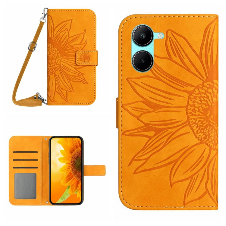 Skin Feel Sun Flower เคสโทรศัพท์หนังพลิกลายนูนพร้อมเชือกเส้นเล็ก, For vivo V50 5G Global, For vivo Y03 4G, For vivo Y200e / Y100 IDN / V30 Lite India 5G, For vivo Y78+