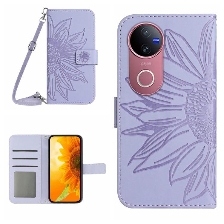 Skin Feel Sun Flower เคสโทรศัพท์หนังพลิกลายนูนพร้อมเชือกเส้นเล็ก, For vivo V50 5G Global, For vivo Y03 4G, For vivo Y200e / Y100 IDN / V30 Lite India 5G, For vivo Y78+