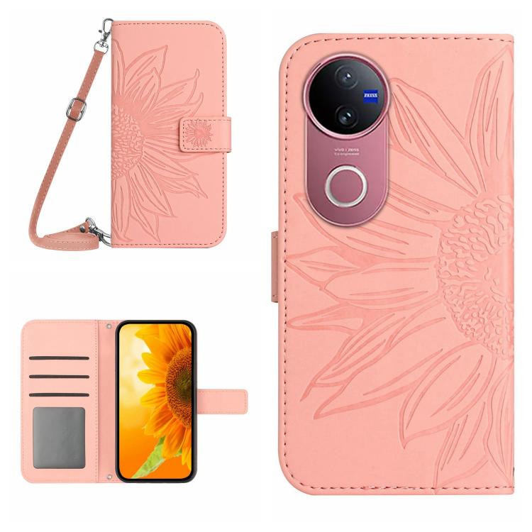 Skin Feel Sun Flower เคสโทรศัพท์หนังพลิกลายนูนพร้อมเชือกเส้นเล็ก, For vivo V50 5G Global, For vivo Y03 4G, For vivo Y200e / Y100 IDN / V30 Lite India 5G, For vivo Y78+