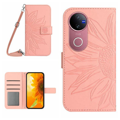 Skin Feel Sun Flower เคสโทรศัพท์หนังพลิกลายนูนพร้อมเชือกเส้นเล็ก, For vivo V50 5G Global, For vivo Y03 4G, For vivo Y200e / Y100 IDN / V30 Lite India 5G, For vivo Y78+