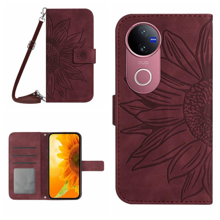 Skin Feel Sun Flower เคสโทรศัพท์หนังพลิกลายนูนพร้อมเชือกเส้นเล็ก, For vivo V50 5G Global, For vivo Y03 4G, For vivo Y200e / Y100 IDN / V30 Lite India 5G, For vivo Y78+