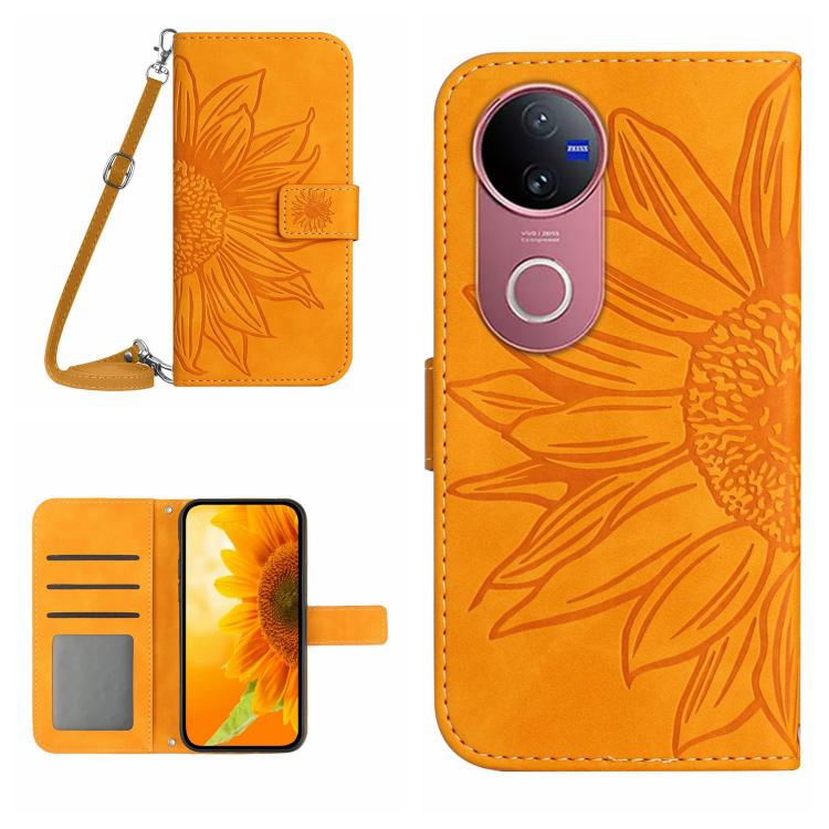 Skin Feel Sun Flower เคสโทรศัพท์หนังพลิกลายนูนพร้อมเชือกเส้นเล็ก, For vivo V50 5G Global, For vivo Y03 4G, For vivo Y200e / Y100 IDN / V30 Lite India 5G, For vivo Y78+