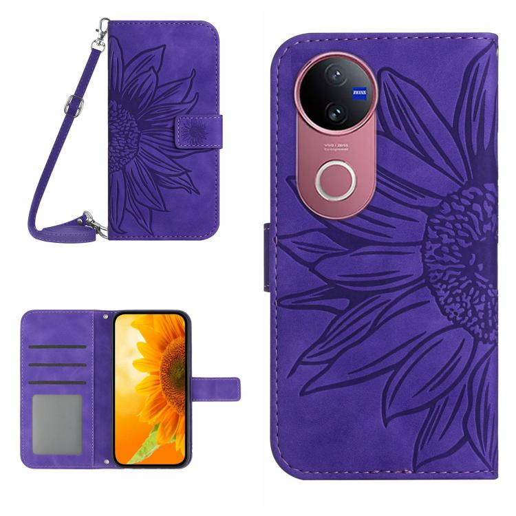 Skin Feel Sun Flower เคสโทรศัพท์หนังพลิกลายนูนพร้อมเชือกเส้นเล็ก, For vivo V50 5G Global, For vivo Y03 4G, For vivo Y200e / Y100 IDN / V30 Lite India 5G, For vivo Y78+