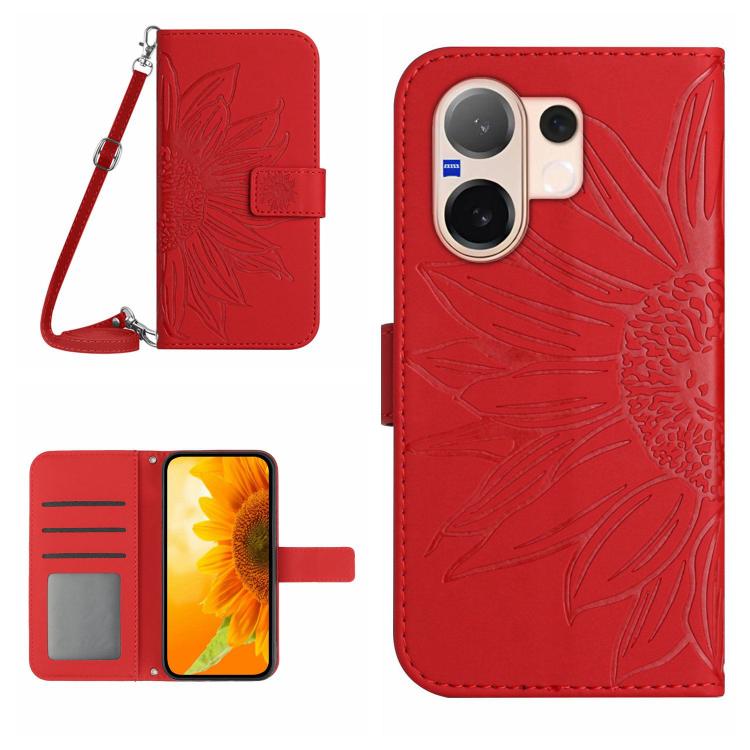 Skin Feel Sun Flower เคสโทรศัพท์หนังพลิกลายนูนพร้อมเชือกเส้นเล็ก, For vivo V70 FE 5G, For vivo V70 5G Global / V70 Elite 5G, For vivo V60 Lite 5G, For vivo V60 5G