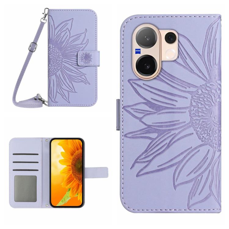 Skin Feel Sun Flower เคสโทรศัพท์หนังพลิกลายนูนพร้อมเชือกเส้นเล็ก, For vivo V70 FE 5G, For vivo V70 5G Global / V70 Elite 5G, For vivo V60 Lite 5G, For vivo V60 5G