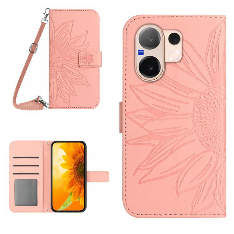 Skin Feel Sun Flower เคสโทรศัพท์หนังพลิกลายนูนพร้อมเชือกเส้นเล็ก, For vivo V70 FE 5G, For vivo V70 5G Global / V70 Elite 5G, For vivo V60 Lite 5G, For vivo V60 5G